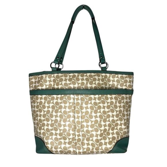 Coach Chelsea Heritage Stripe Signature Tote Teal & Khaki Coated Canvas #F15137 - Picture 12 of 12